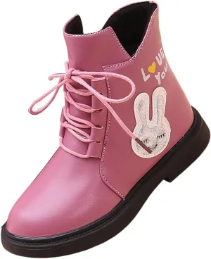 Girls Cute Bunny Pattern Ankle Boots Lace-up PU Leather Water Proof Soft Sole Flat Bottom Winter Comfy Casual Shoes