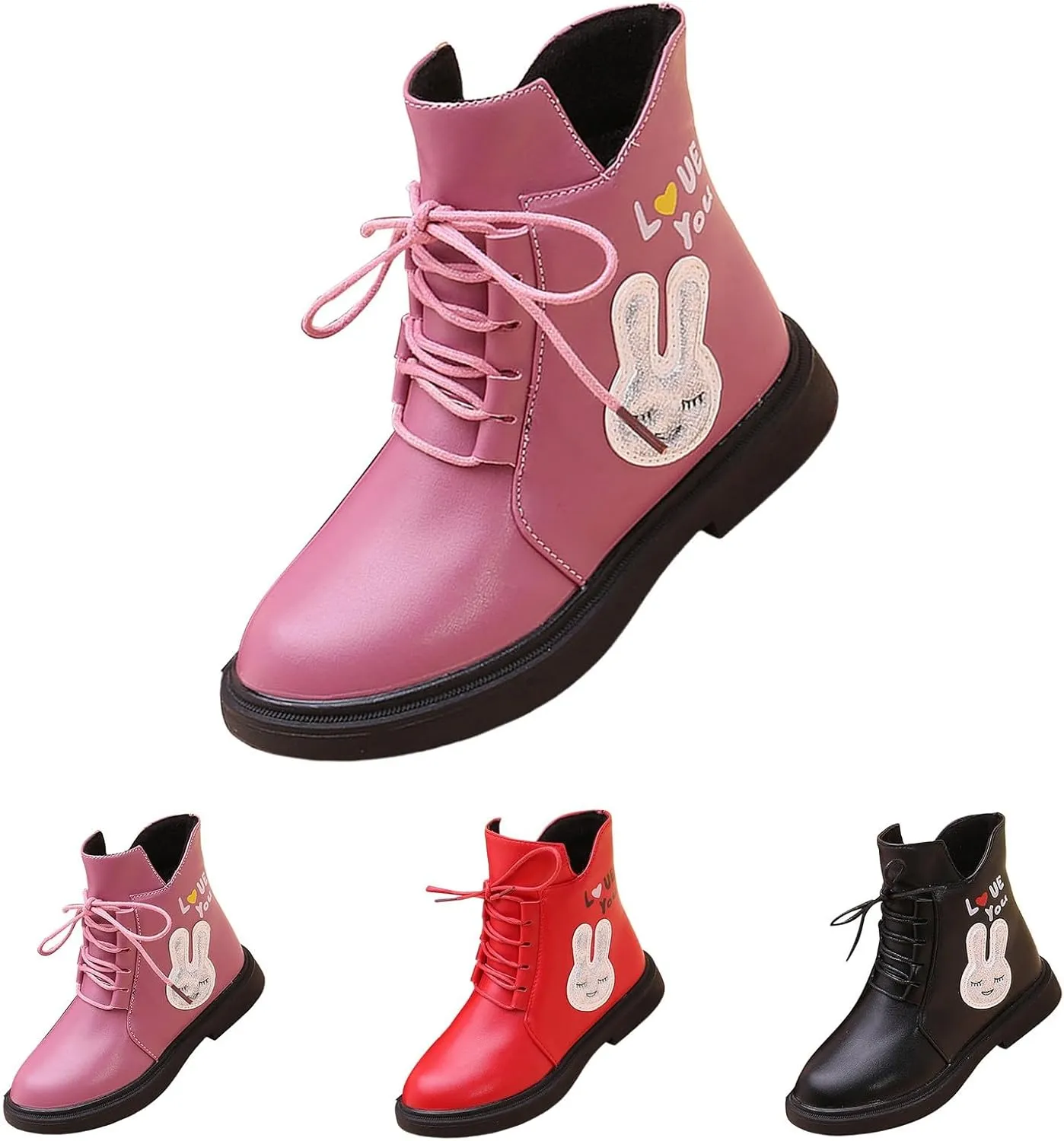 Girls Cute Bunny Pattern Ankle Boots Lace-up PU Leather Water Proof Soft Sole Flat Bottom Winter Comfy Casual Shoes