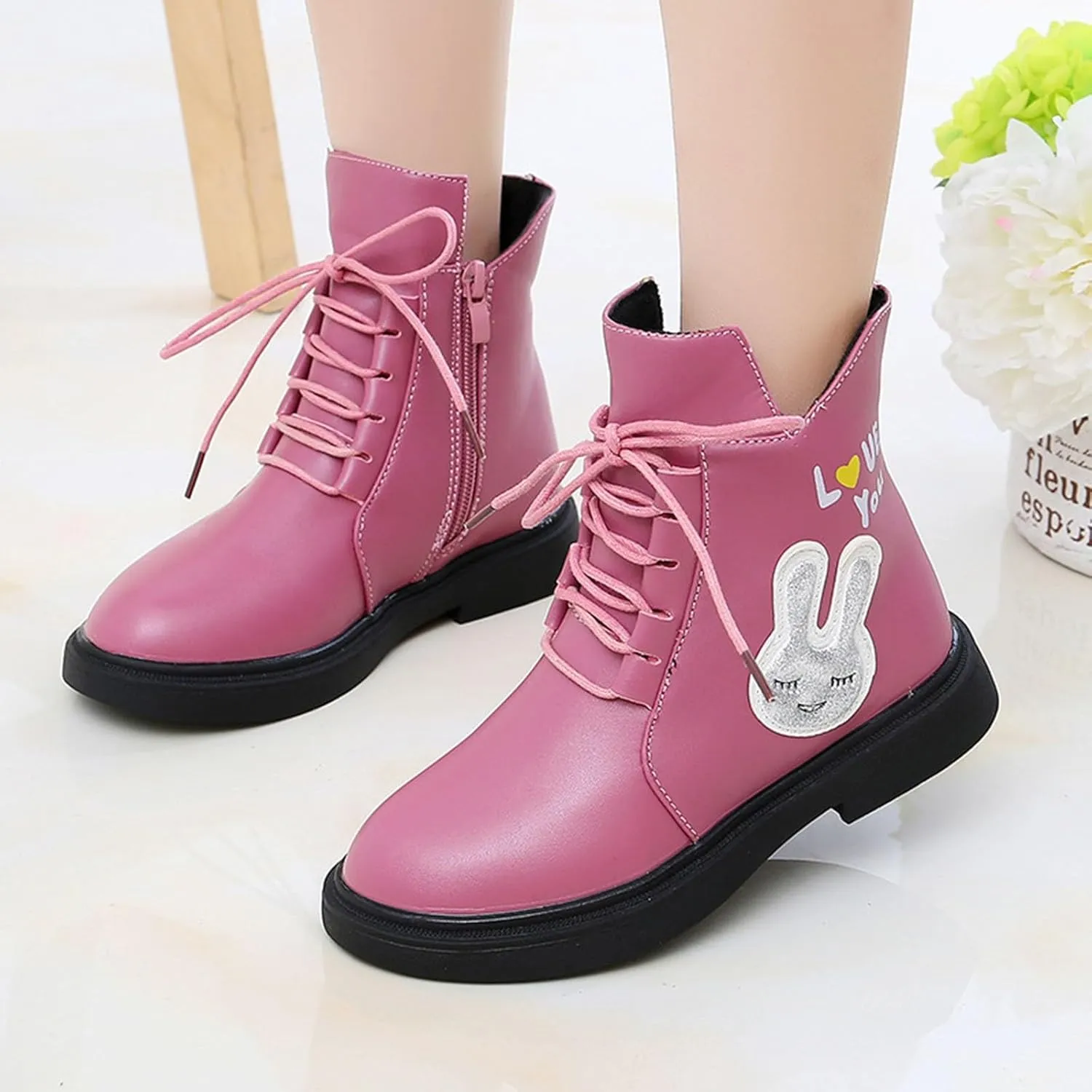 Girls Cute Bunny Pattern Ankle Boots Lace-up PU Leather Water Proof Soft Sole Flat Bottom Winter Comfy Casual Shoes
