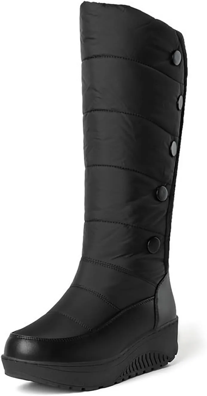 Helenbra Women's Waterproof Down Cotton Platform Mid-Calf Boots,Hand Stitching Leather Stitching Plush Lined Warm Mid Calf Boots Fashion Outdoor Non Slip Winter Snow Boots