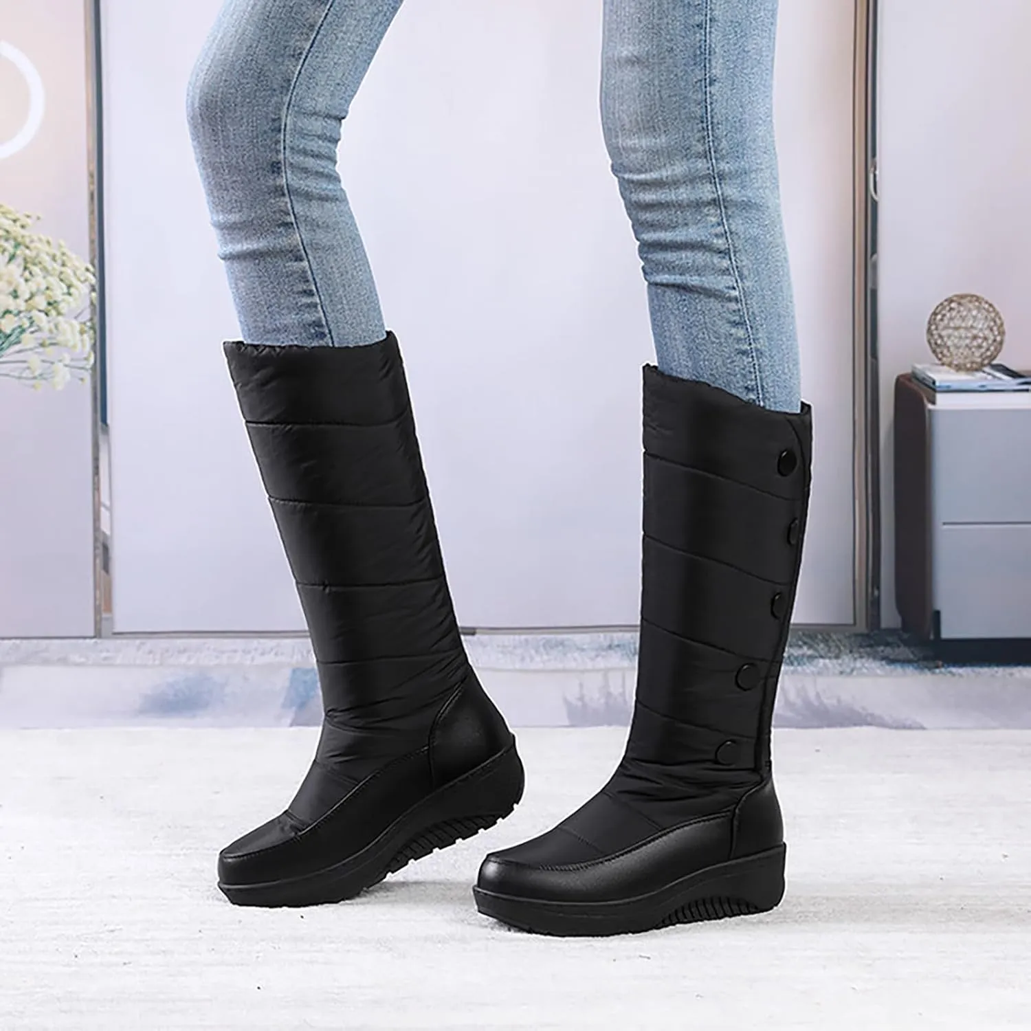 Helenbra Women's Waterproof Down Cotton Platform Mid-Calf Boots,Hand Stitching Leather Stitching Plush Lined Warm Mid Calf Boots Fashion Outdoor Non Slip Winter Snow Boots