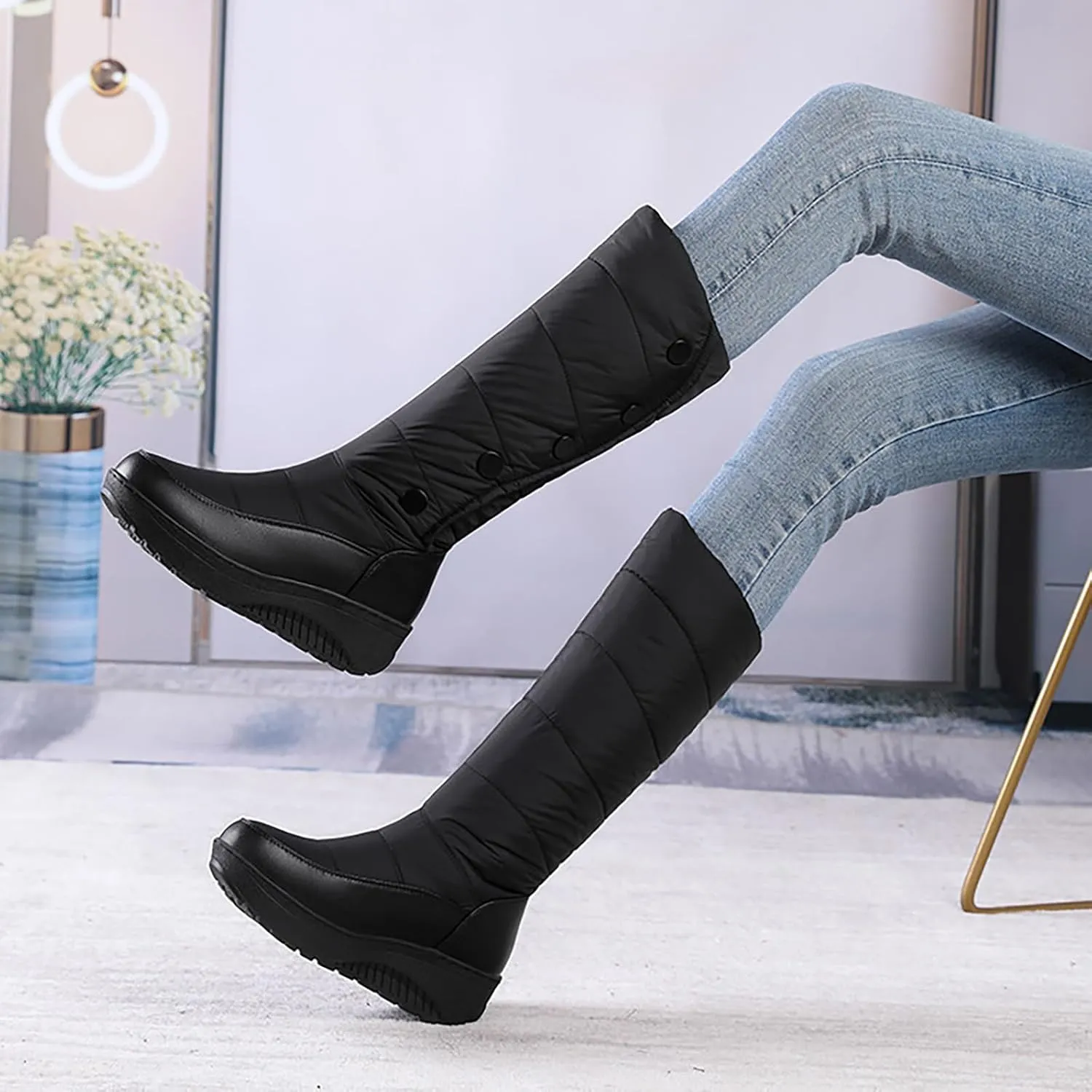 Helenbra Women's Waterproof Down Cotton Platform Mid-Calf Boots,Hand Stitching Leather Stitching Plush Lined Warm Mid Calf Boots Fashion Outdoor Non Slip Winter Snow Boots
