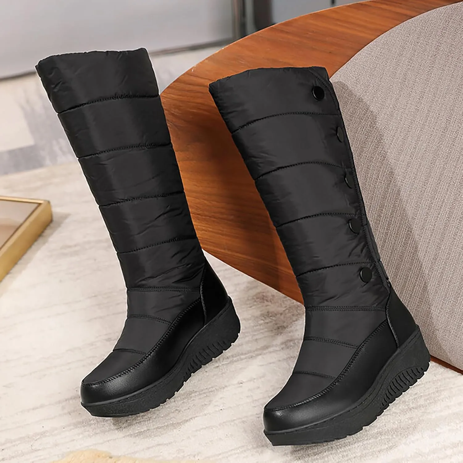 Helenbra Women's Waterproof Down Cotton Platform Mid-Calf Boots,Hand Stitching Leather Stitching Plush Lined Warm Mid Calf Boots Fashion Outdoor Non Slip Winter Snow Boots