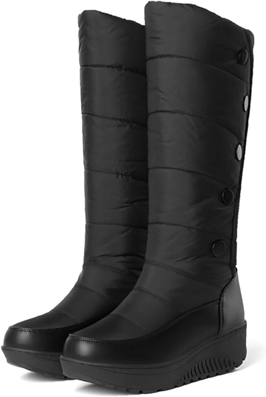 Helenbra Women's Waterproof Down Cotton Platform Mid-Calf Boots,Hand Stitching Leather Stitching Plush Lined Warm Mid Calf Boots Fashion Outdoor Non Slip Winter Snow Boots