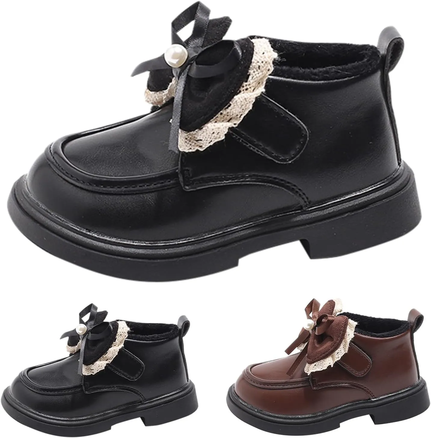 Little Girls Winter Cute Bowknot Short Dress Boot Princess Low Heel Anti Slip Comfortable Fashion Leather Shoes